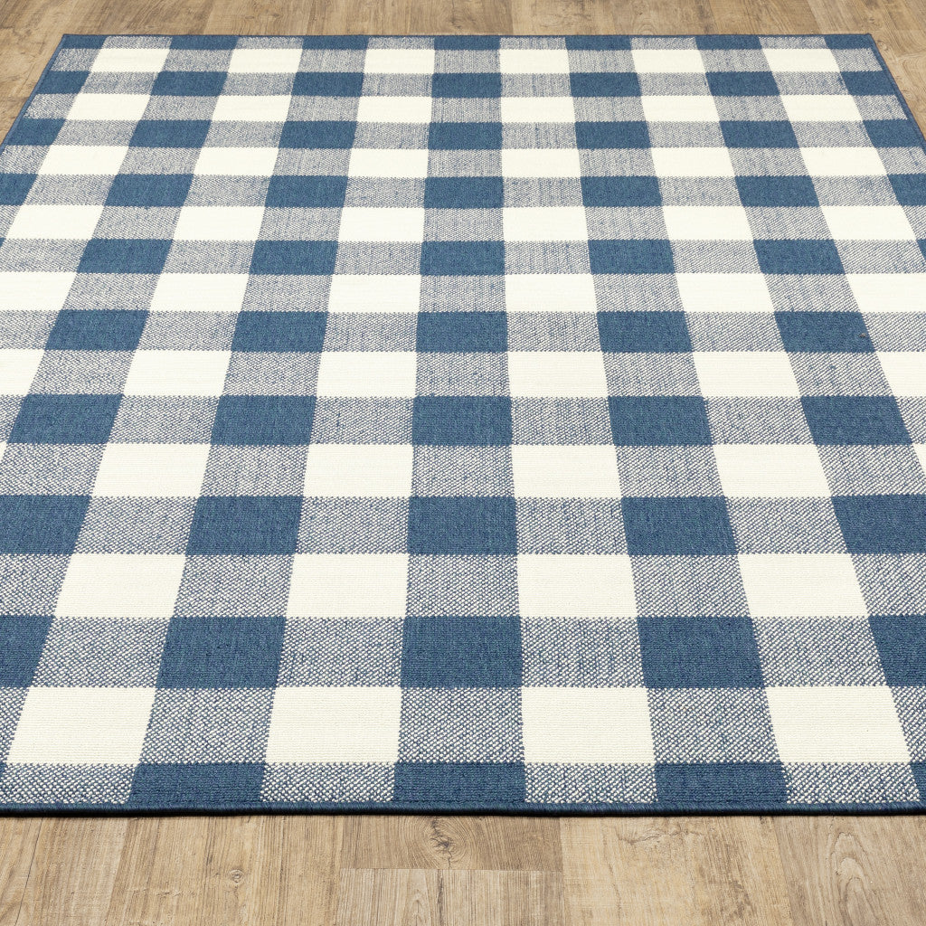 8' X 11' Blue and Ivory Geometric Stain Resistant Indoor Outdoor Area Rug - Outdoor