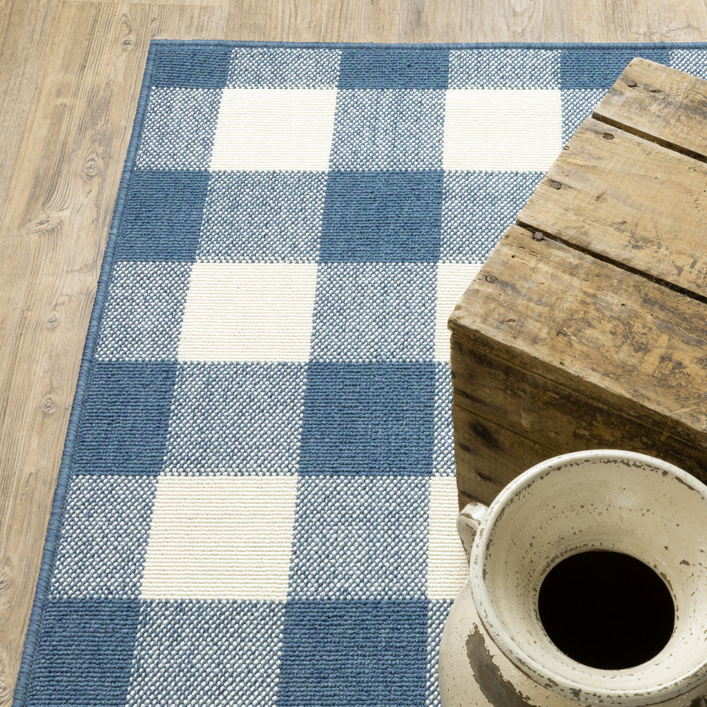 8' X 11' Blue and Ivory Geometric Stain Resistant Indoor Outdoor Area Rug - Outdoor