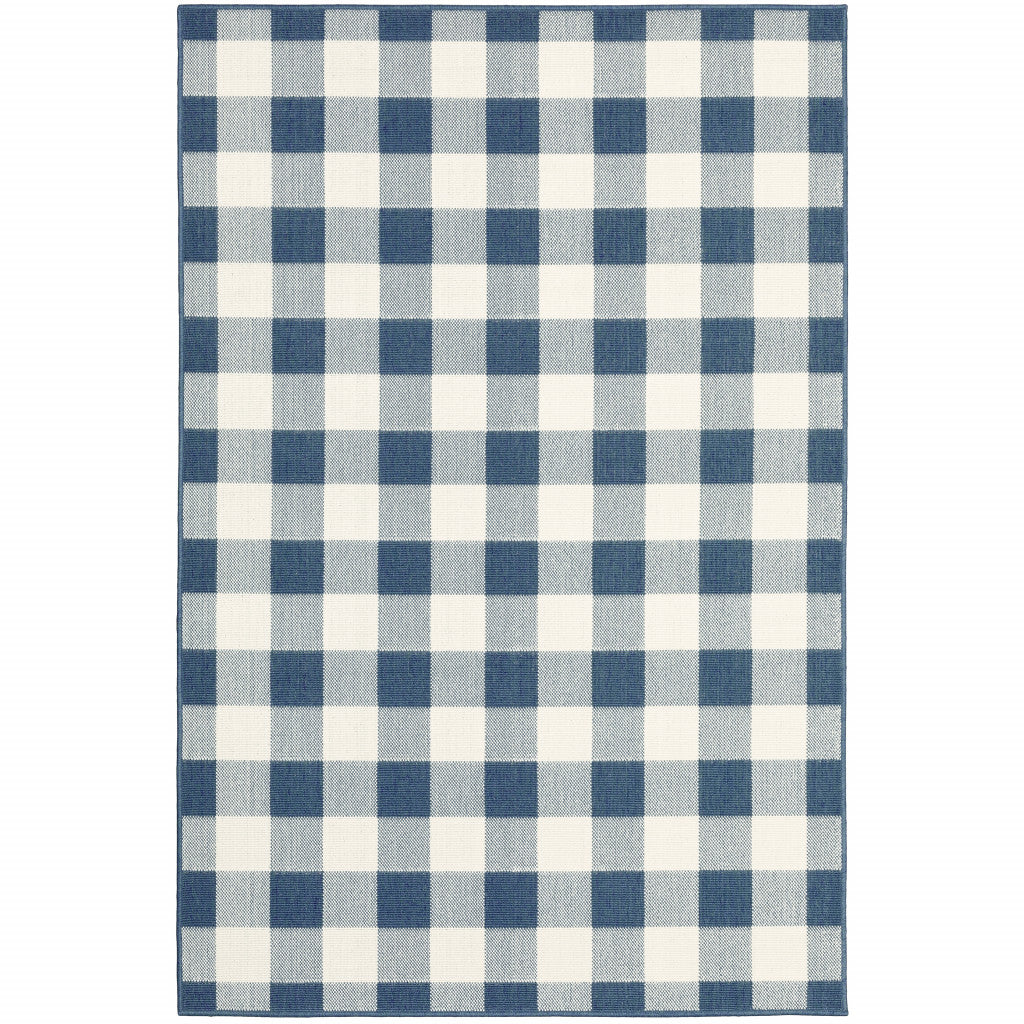 8' X 11' Blue and Ivory Geometric Stain Resistant Indoor Outdoor Area Rug - Outdoor