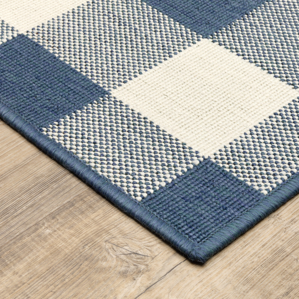 8' X 11' Blue and Ivory Geometric Stain Resistant Indoor Outdoor Area Rug - Outdoor