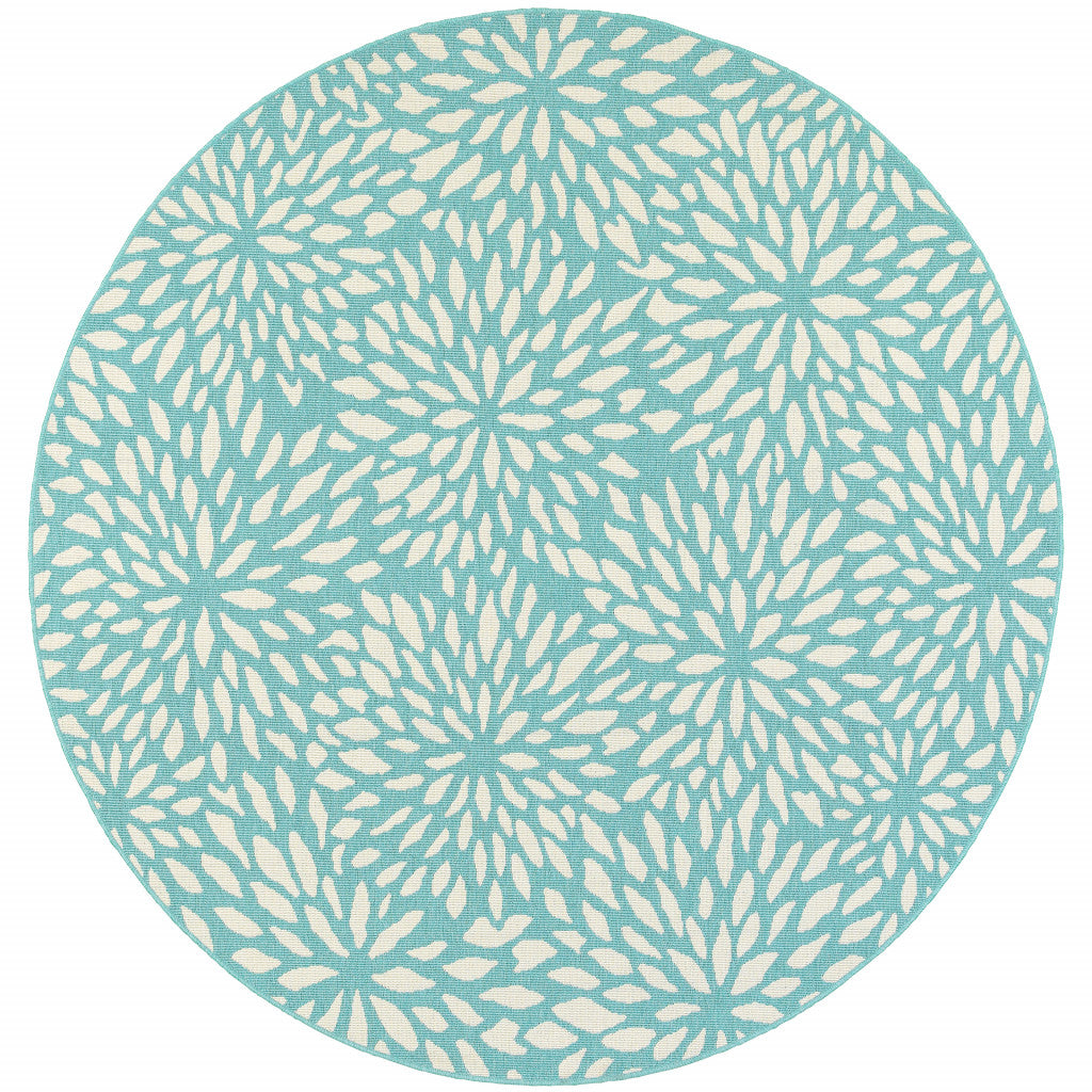 8' X 8' Blue and Ivory Round Floral Stain Resistant Indoor Outdoor Area Rug - Outdoor