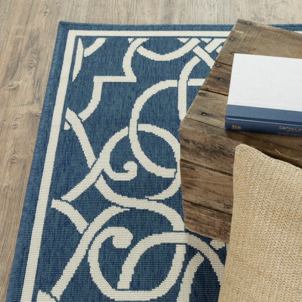 8' X 11' Blue and Ivory Geometric Stain Resistant Indoor Outdoor Area Rug - Outdoor