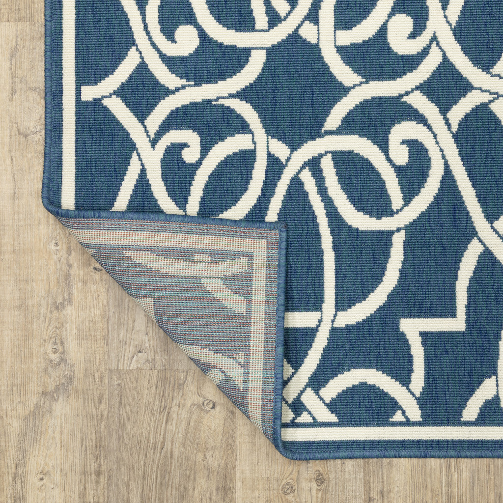 8' X 11' Blue and Ivory Geometric Stain Resistant Indoor Outdoor Area Rug - Outdoor