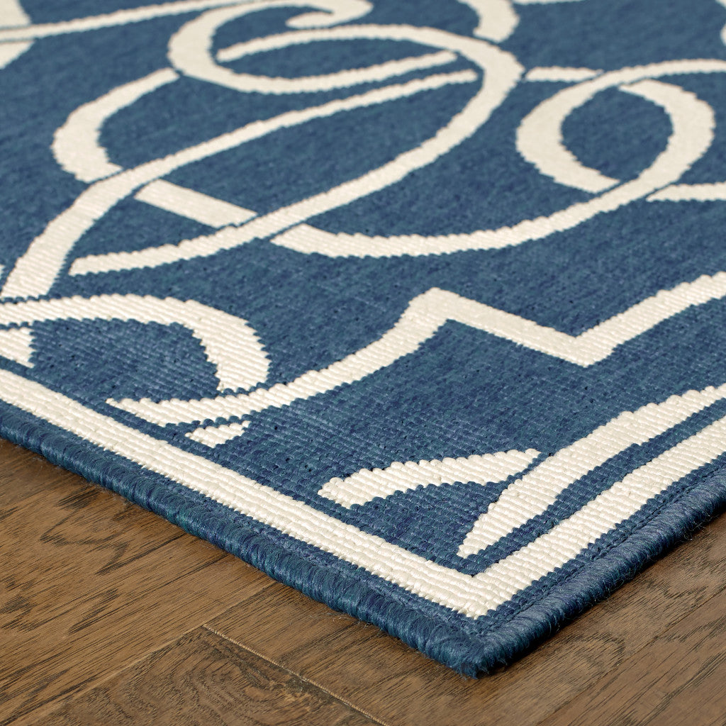 8' X 11' Blue and Ivory Geometric Stain Resistant Indoor Outdoor Area Rug - Outdoor