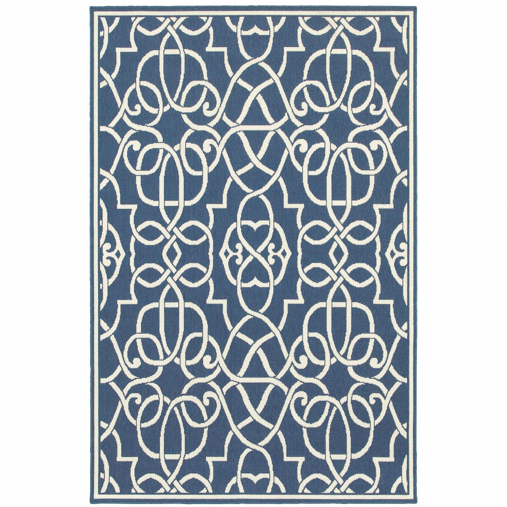 8' X 11' Blue and Ivory Geometric Stain Resistant Indoor Outdoor Area Rug - Outdoor