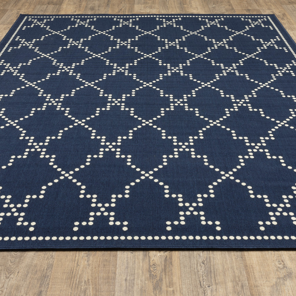 2' X 4' Blue and Ivory Geometric Stain Resistant Indoor Outdoor Area Rug - Outdoor