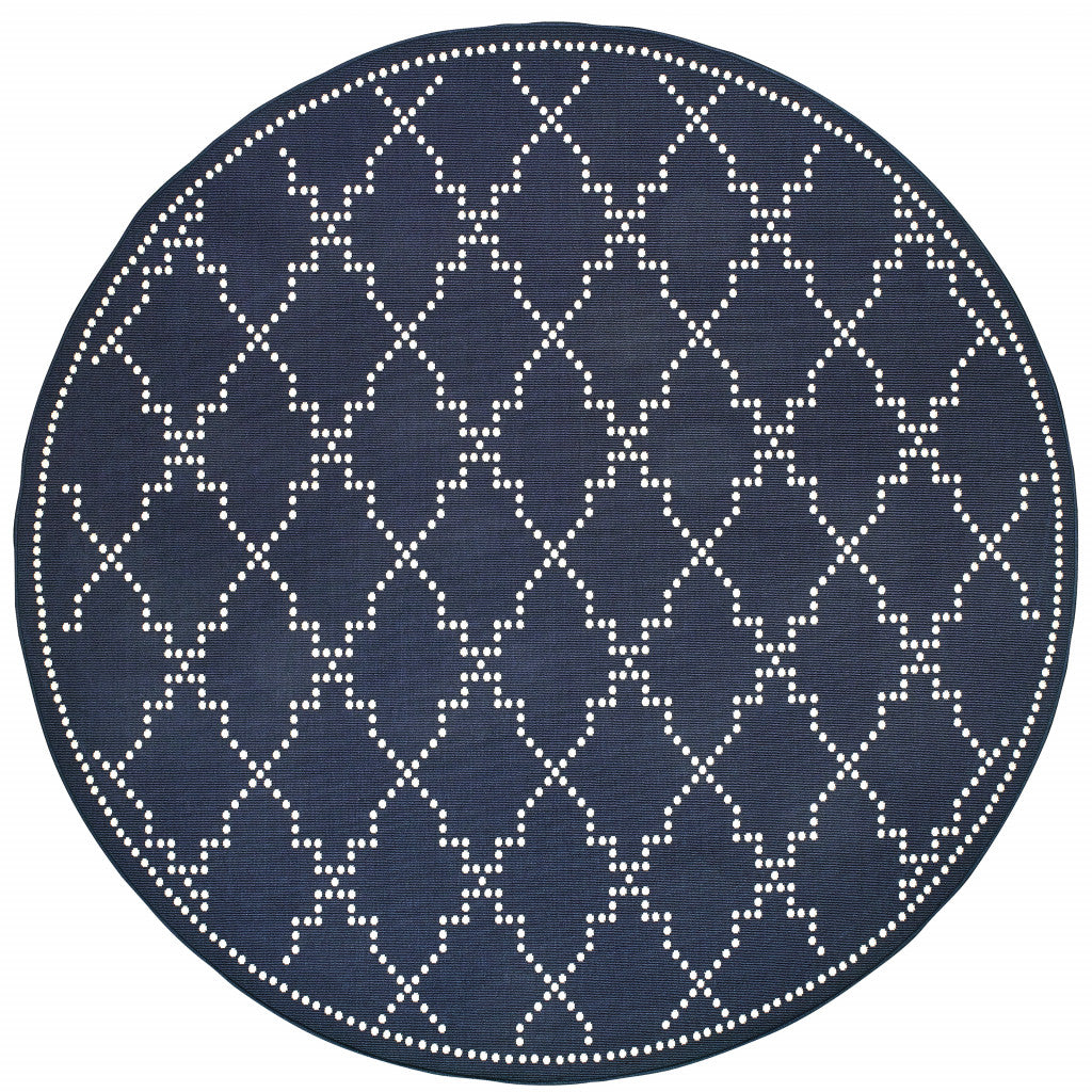8' X 8' Blue and Ivory Round Geometric Stain Resistant Indoor Outdoor Area Rug - Outdoor