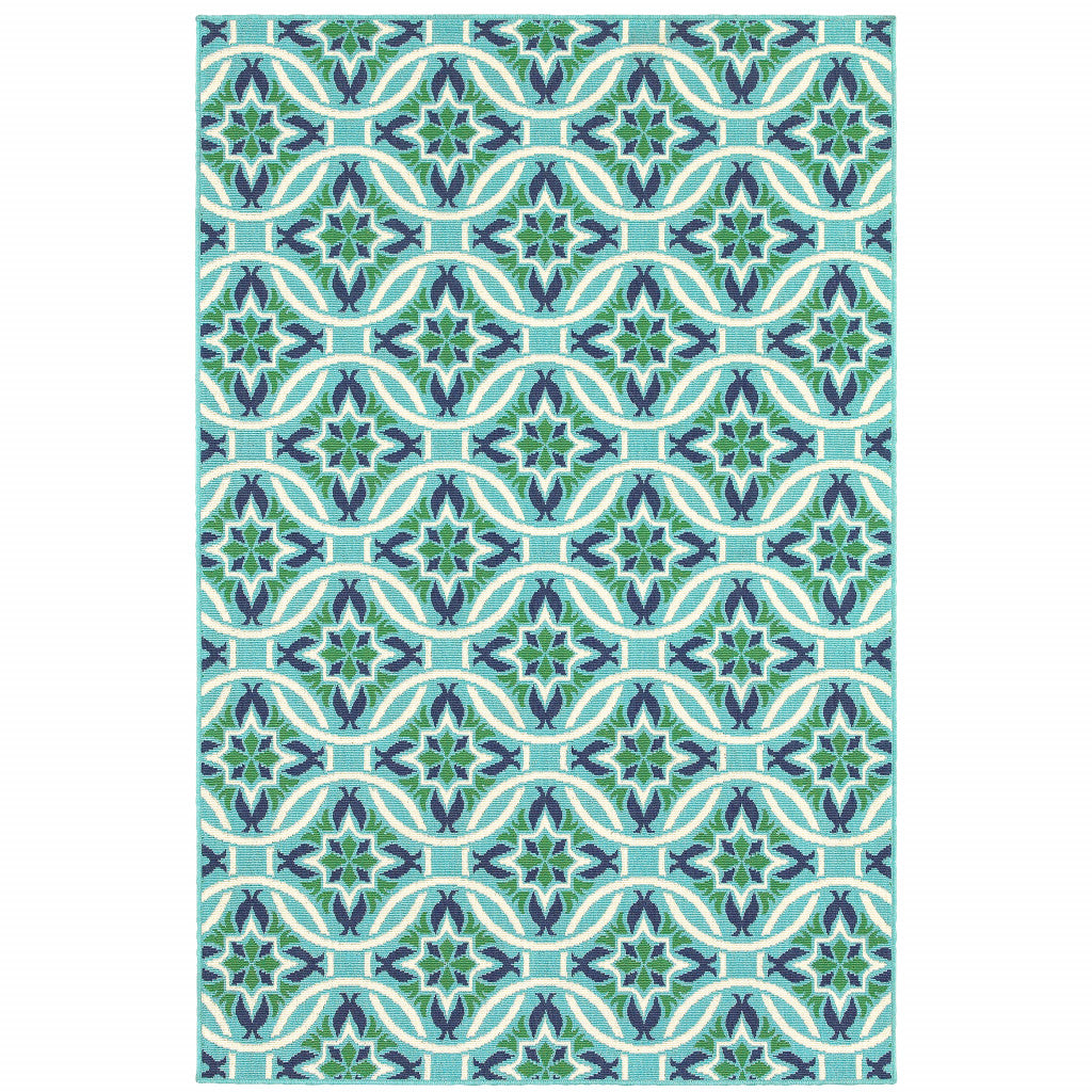 2' X 3' Blue and Green Geometric Stain Resistant Indoor Outdoor Area Rug - Outdoor