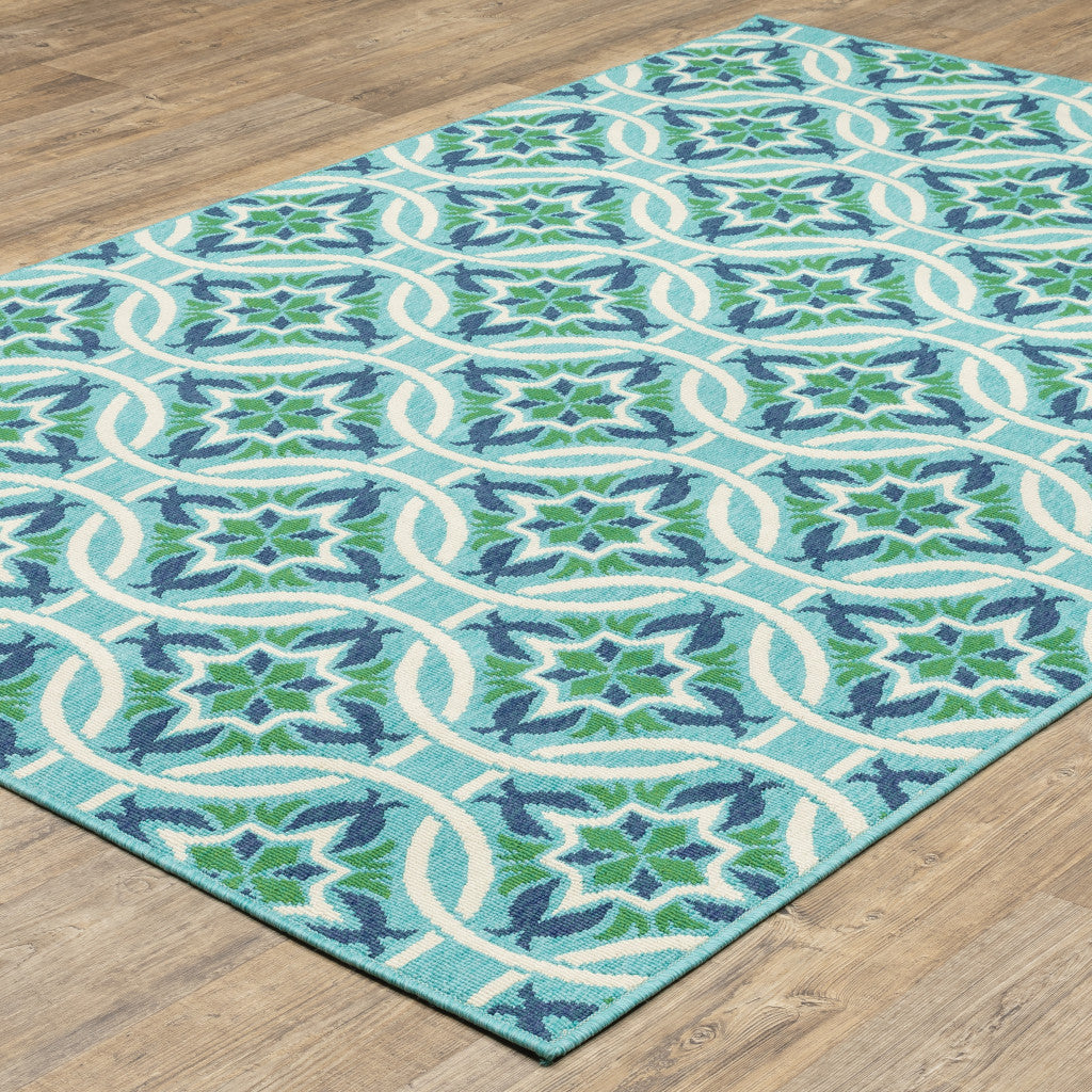 2' X 3' Blue and Green Geometric Stain Resistant Indoor Outdoor Area Rug - Outdoor