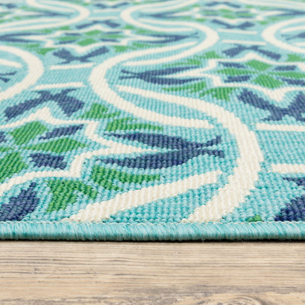 2' X 3' Blue and Green Geometric Stain Resistant Indoor Outdoor Area Rug - Outdoor