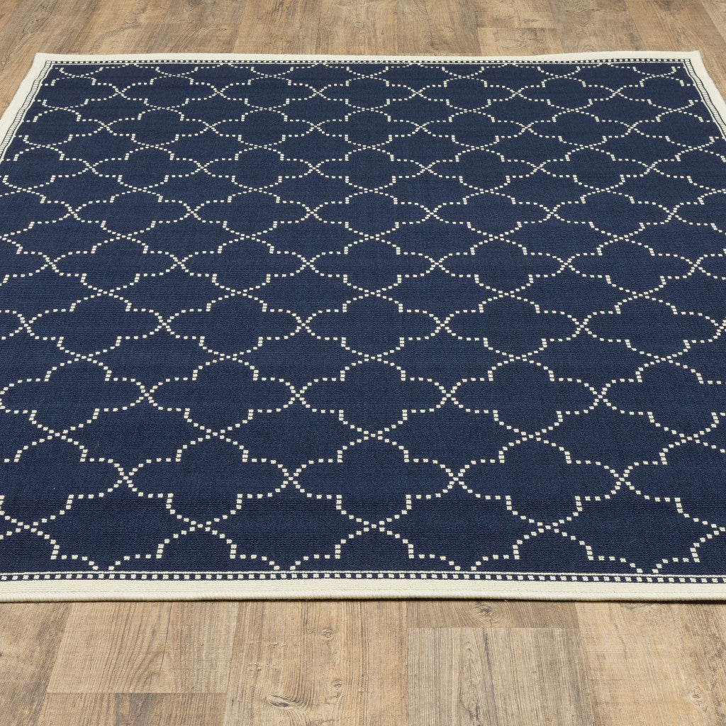 2' X 4' Blue and Ivory Geometric Stain Resistant Indoor Outdoor Area Rug - Outdoor