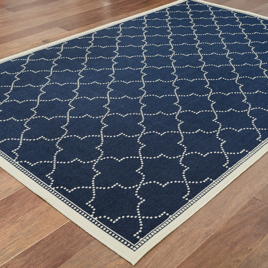 2' X 4' Blue and Ivory Geometric Stain Resistant Indoor Outdoor Area Rug - Outdoor