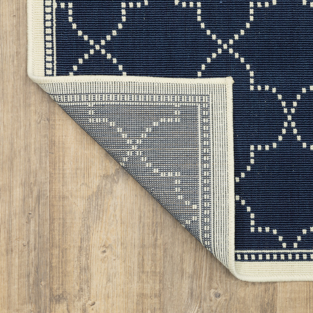 2' X 4' Blue and Ivory Geometric Stain Resistant Indoor Outdoor Area Rug - Outdoor