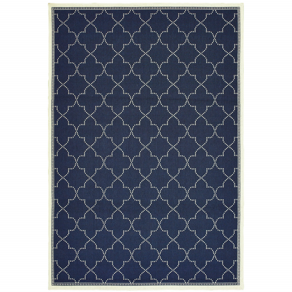 2' X 4' Blue and Ivory Geometric Stain Resistant Indoor Outdoor Area Rug - Outdoor