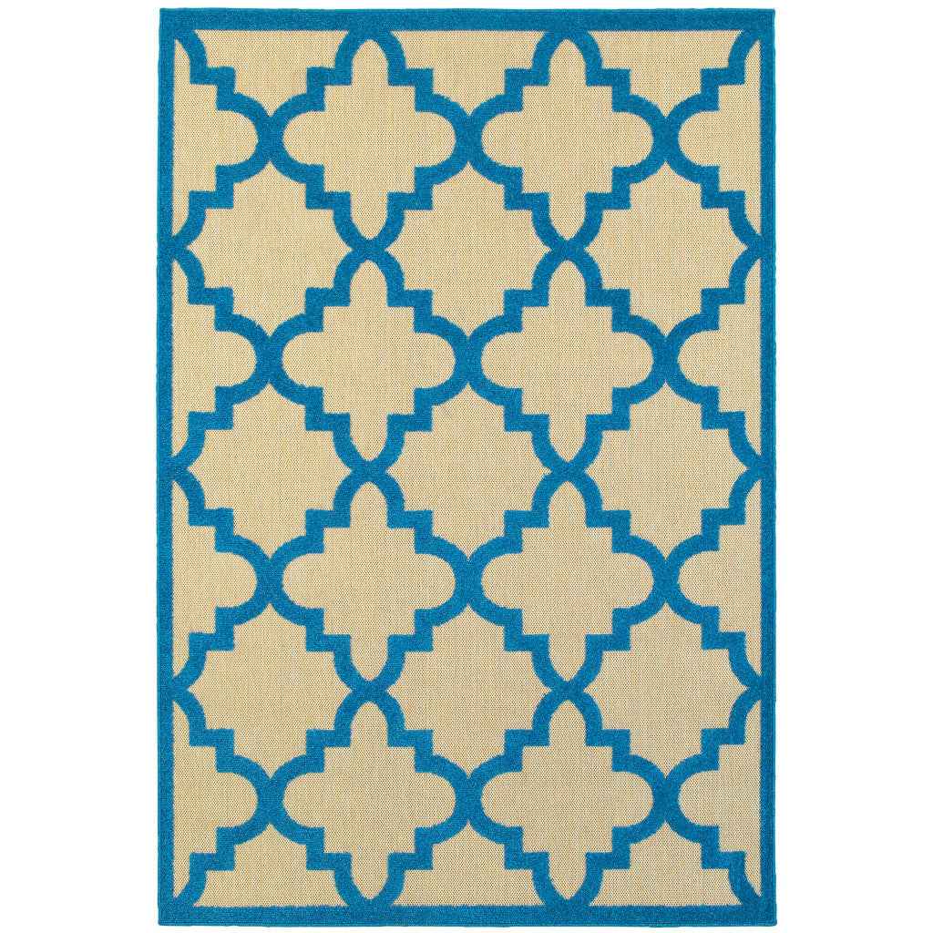 2' X 3' Blue and Beige Geometric Stain Resistant Indoor Outdoor Area Rug