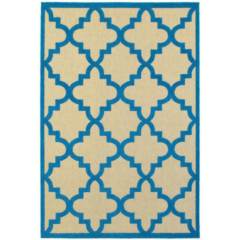2' X 3' Blue and Beige Geometric Stain Resistant Indoor Outdoor Area Rug