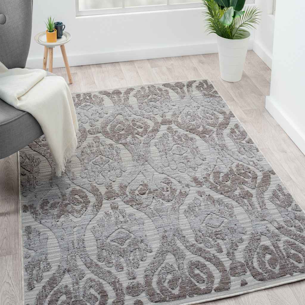 5' X 7' Blue And Gray Damask Indoor Outdoor Area Rug