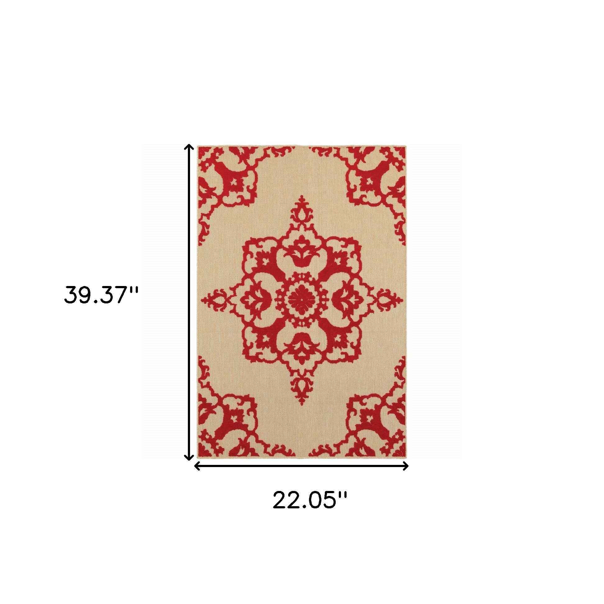 2' X 3' Red Oriental Stain Resistant Indoor Outdoor Area Rug