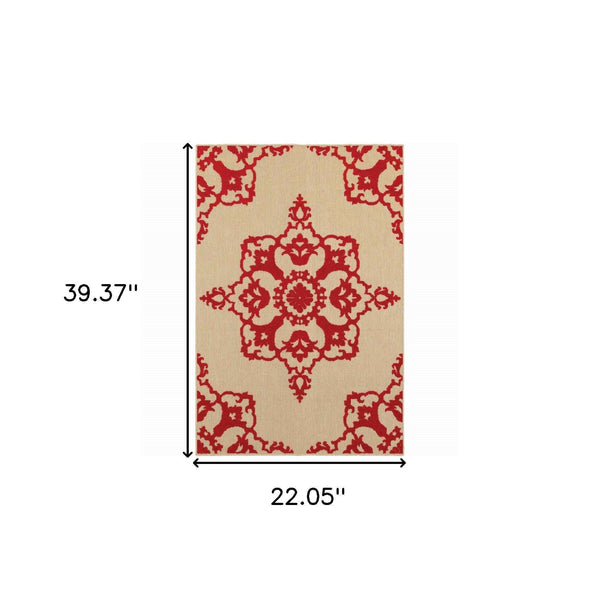 2' X 3' Red Oriental Stain Resistant Indoor Outdoor Area Rug