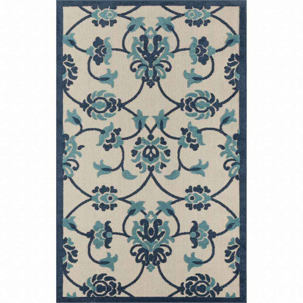 4' X 6' Blue Floral Non Skid Indoor Outdoor Area Rug