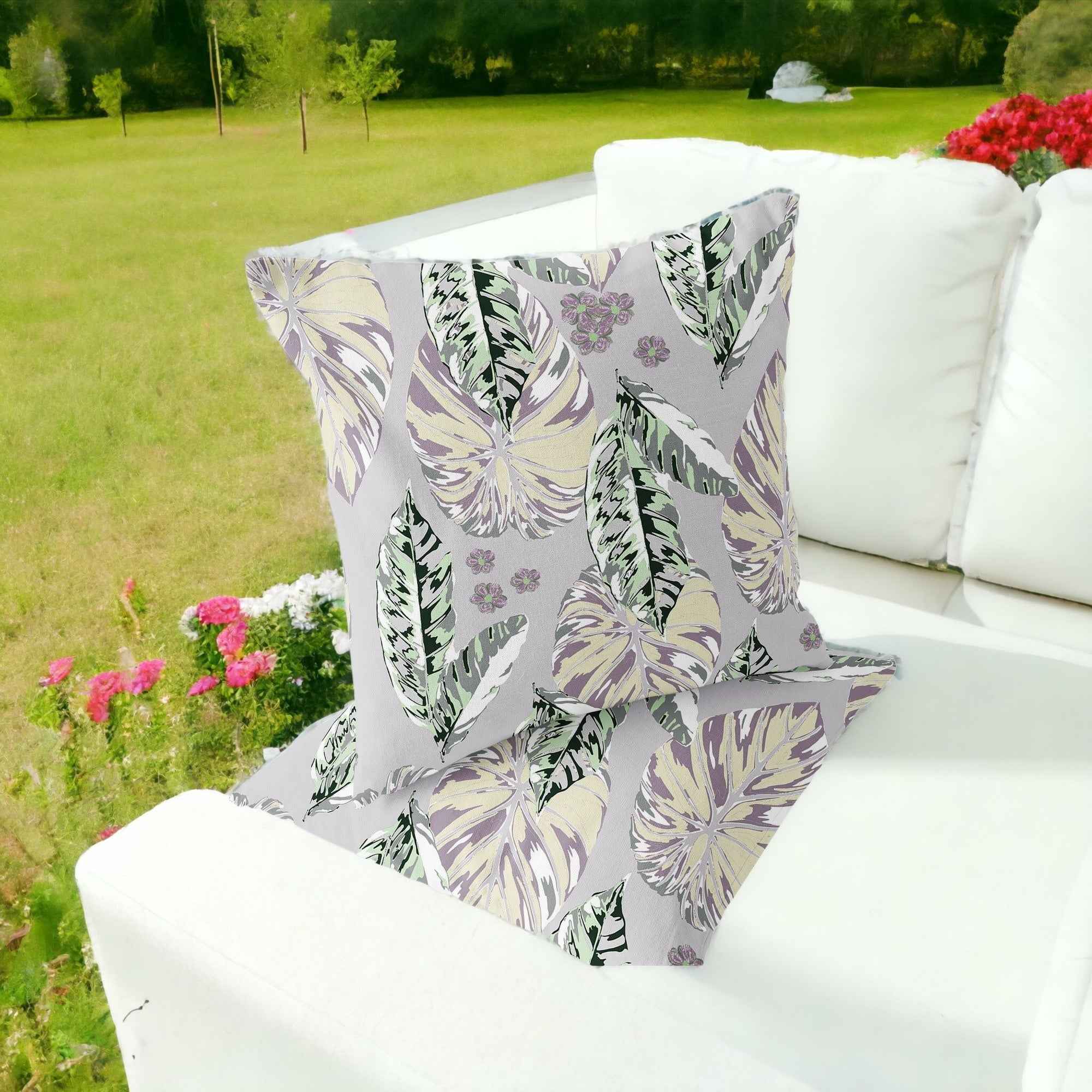 Set of Two 16" X 16" Gray and Purple Blown Seam Botanical Indoor Outdoor Throw Pillow