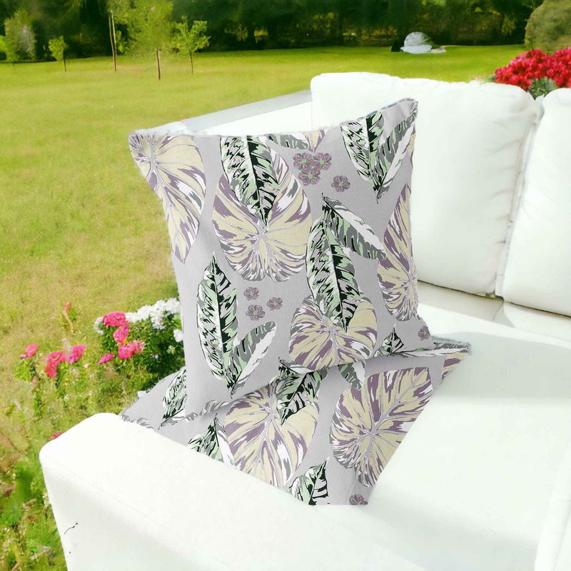 Set of Two 16" X 16" Gray and Purple Blown Seam Botanical Indoor Outdoor Throw Pillow