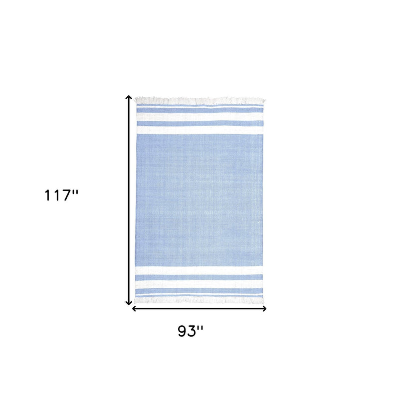 Blue striped area rug dimensions diagram with white bands and fringed edges
