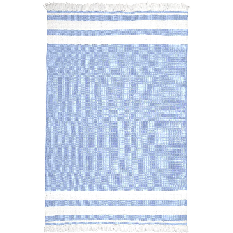 Blue and white striped area rug with fringed borders and woven texture