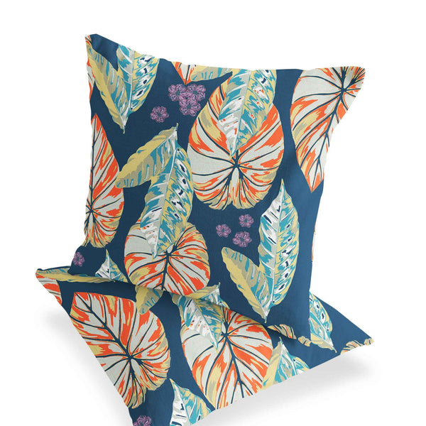 Set of Two 16" X 16" Blue and Orange Blown Seam Botanical Indoor Outdoor Throw Pillow