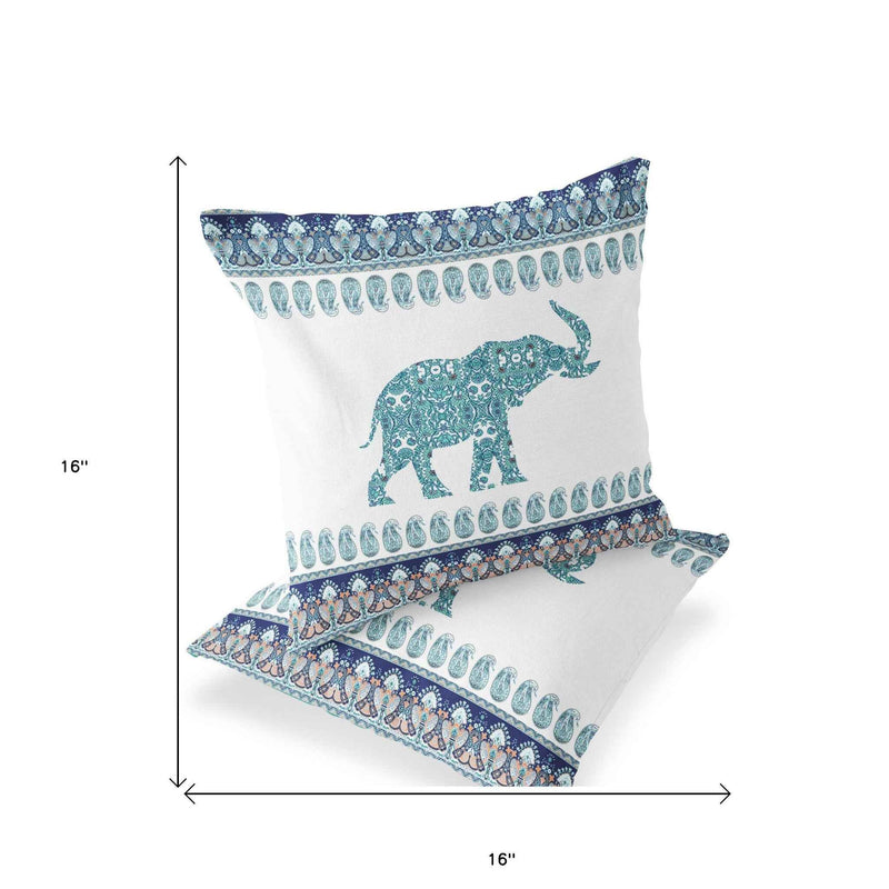 Set of Two 16" X 16" Blue and White Elephant Blown Seam Paisley Indoor Outdoor Throw Pillow