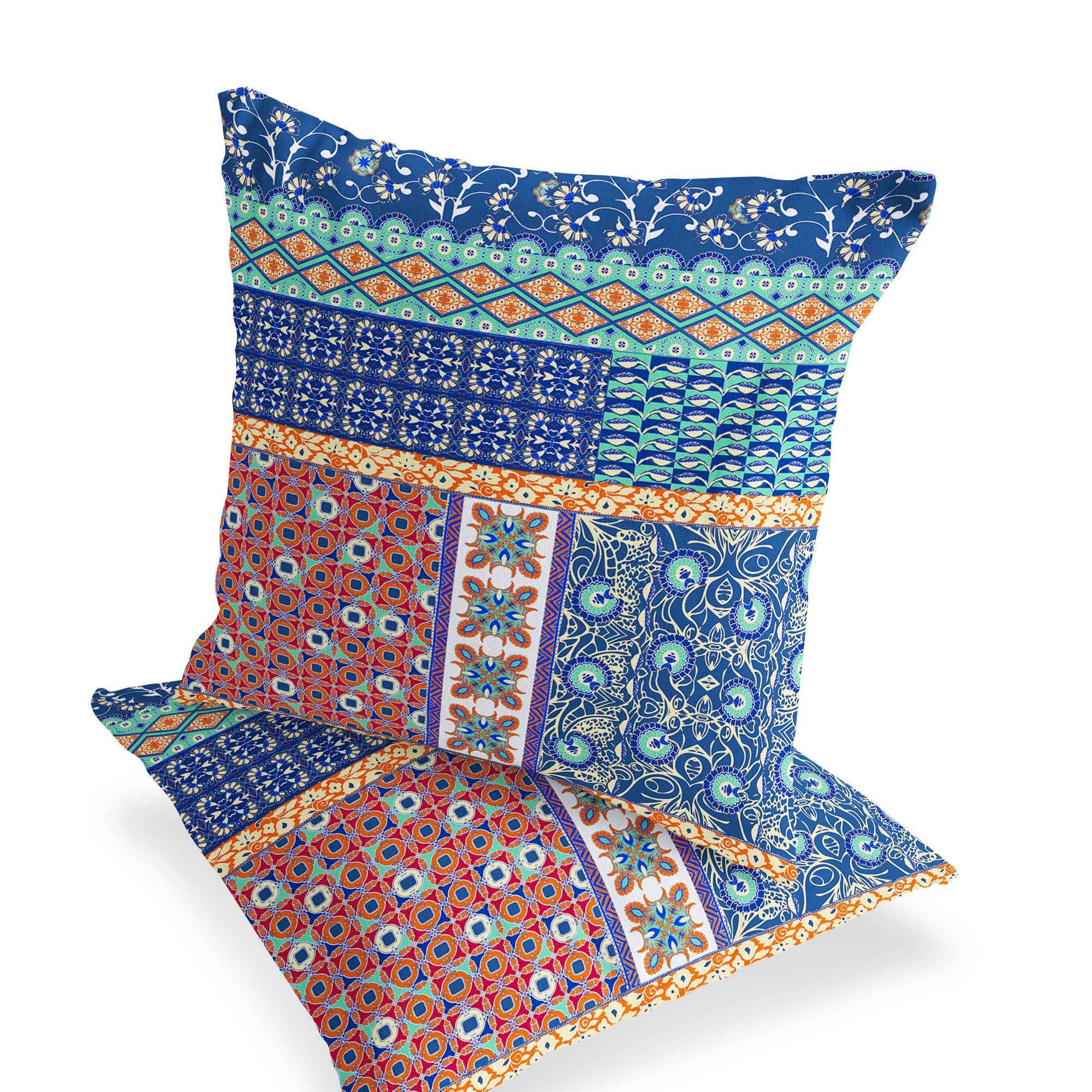 Set of Two 16" X 16" Blue and Orange Blown Seam Floral Indoor Outdoor Throw Pillow