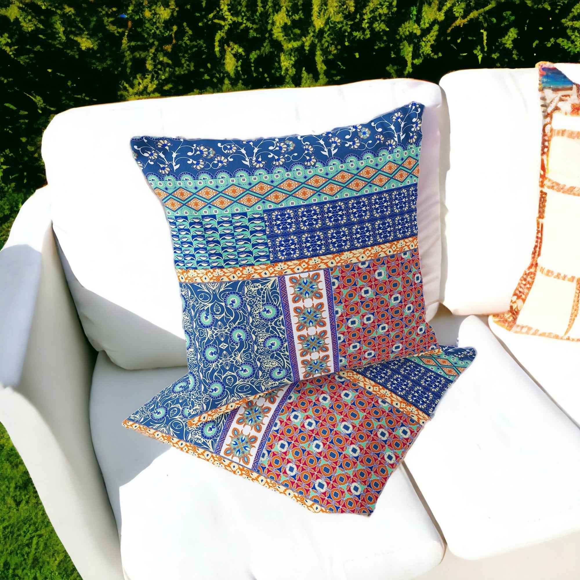 Set of Two 16" X 16" Blue and Orange Blown Seam Floral Indoor Outdoor Throw Pillow