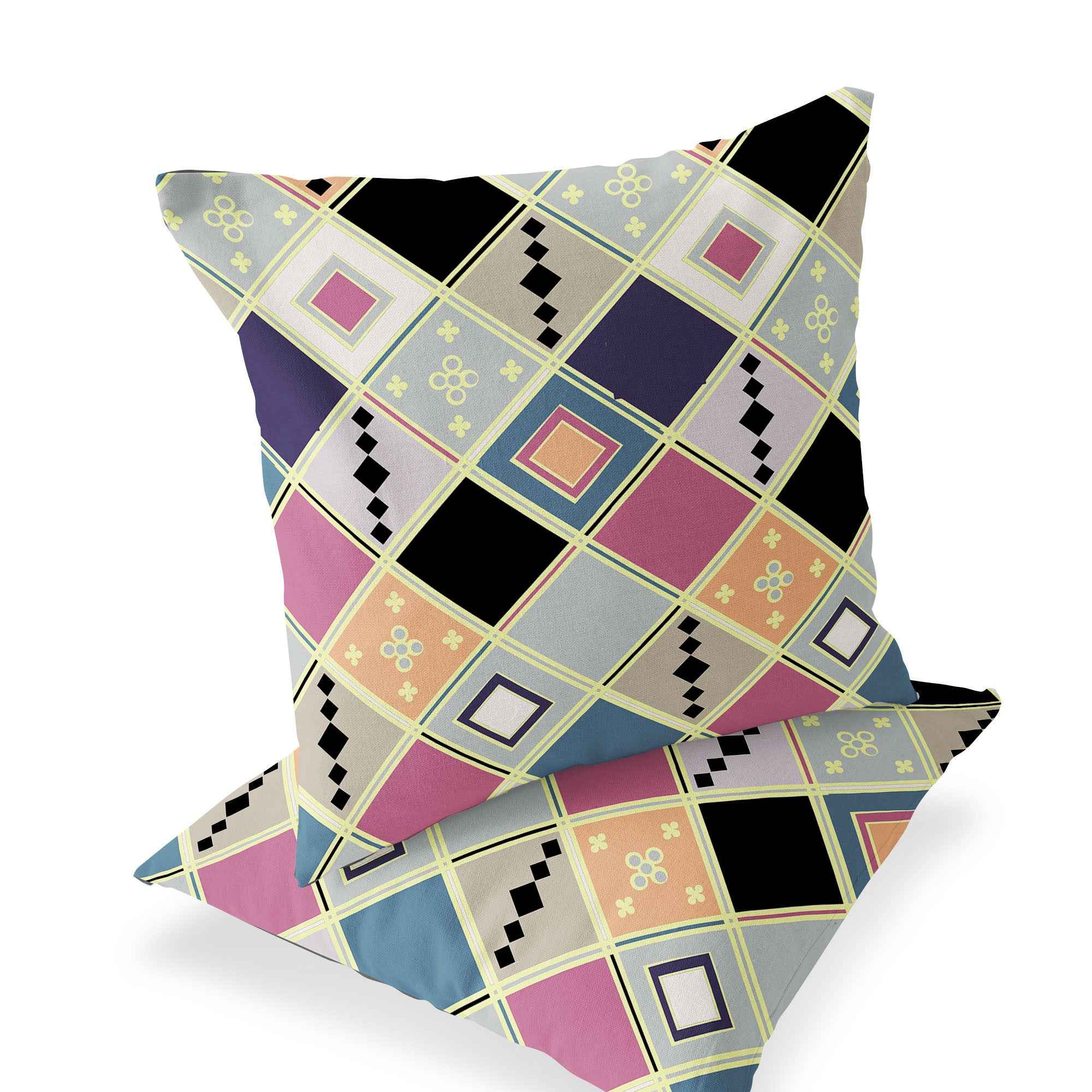 Set of Two 16" X 16" Pink and Black Blown Seam Diamond Indoor Outdoor Throw Pillow