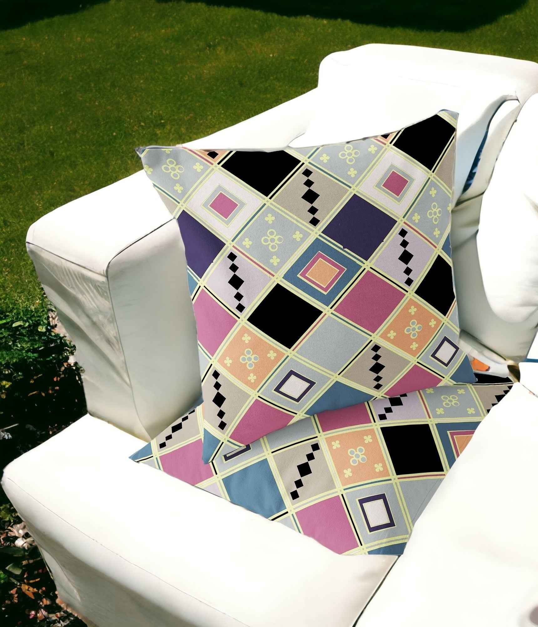 Set of Two 16" X 16" Pink and Black Blown Seam Diamond Indoor Outdoor Throw Pillow