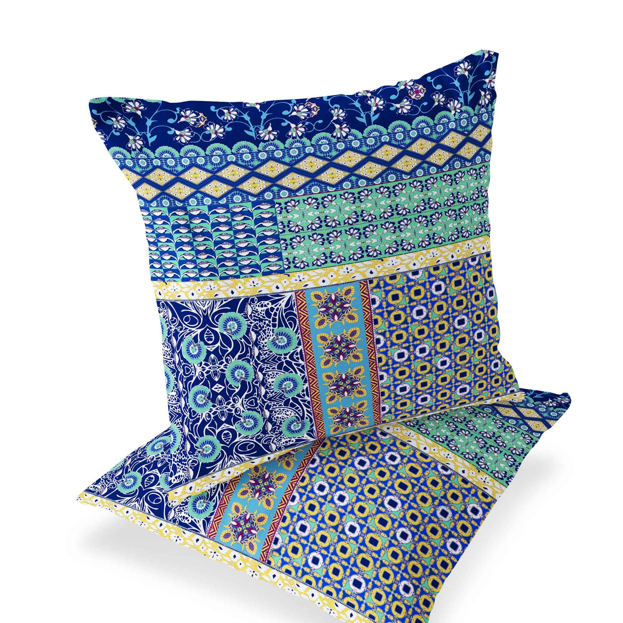 Set of Two 16" X 16" Blue and Yellow Blown Seam Floral Indoor Outdoor Throw Pillows