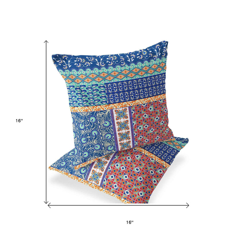 Set of Two 16" X 16" Blue and Orange Blown Seam Floral Indoor Outdoor Throw Pillow