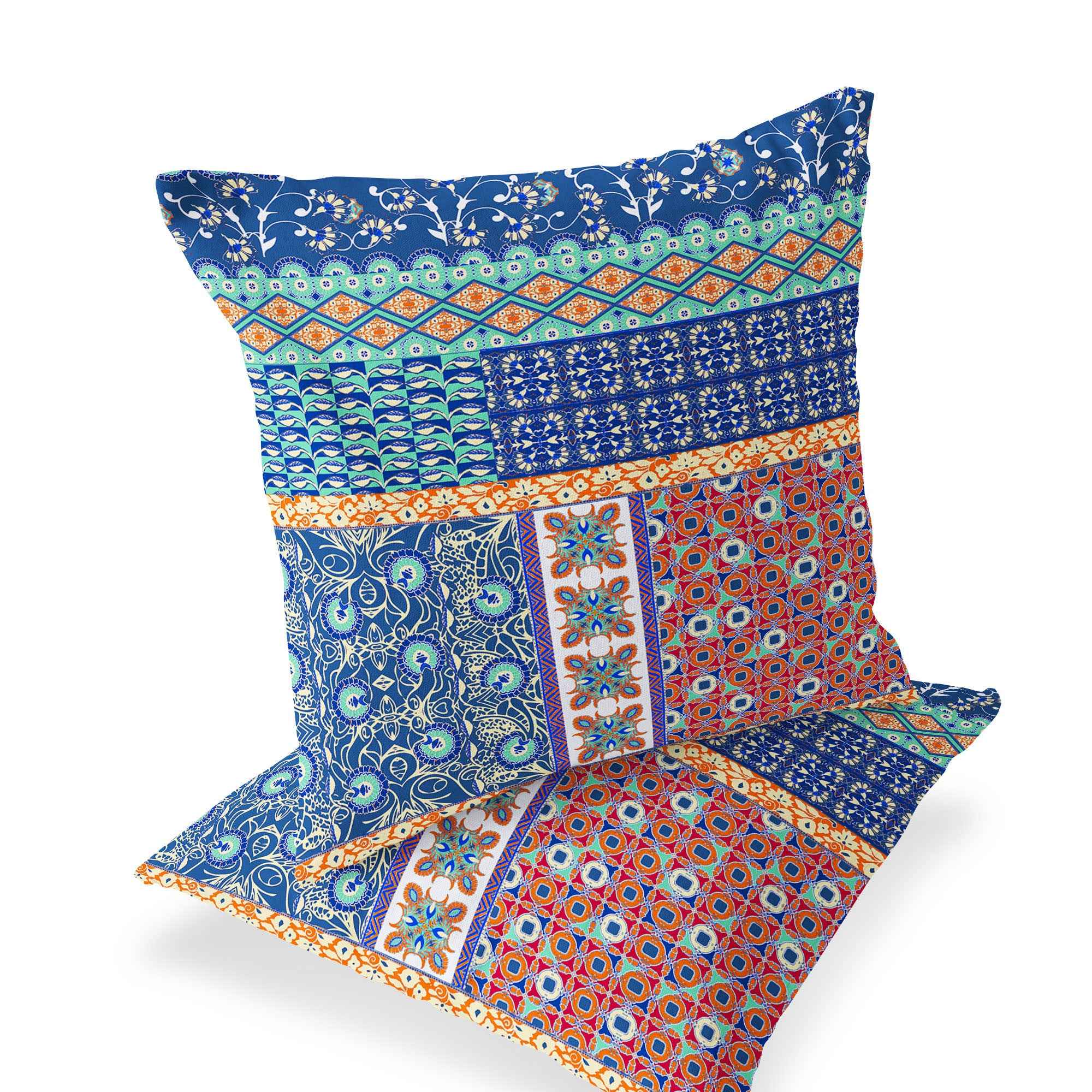 Set of Two 16" X 16" Blue and Orange Blown Seam Floral Indoor Outdoor Throw Pillow