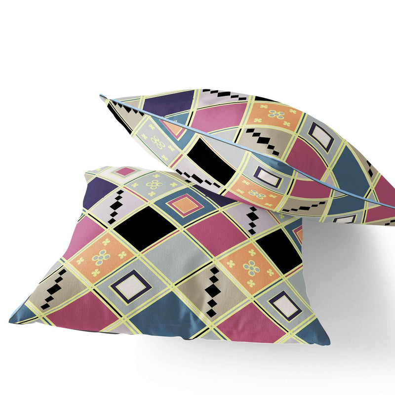 Set of Two 16" X 16" Pink and Black Blown Seam Diamond Indoor Outdoor Throw Pillow