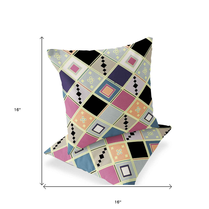 Set of Two 16" X 16" Pink and Black Blown Seam Diamond Indoor Outdoor Throw Pillow