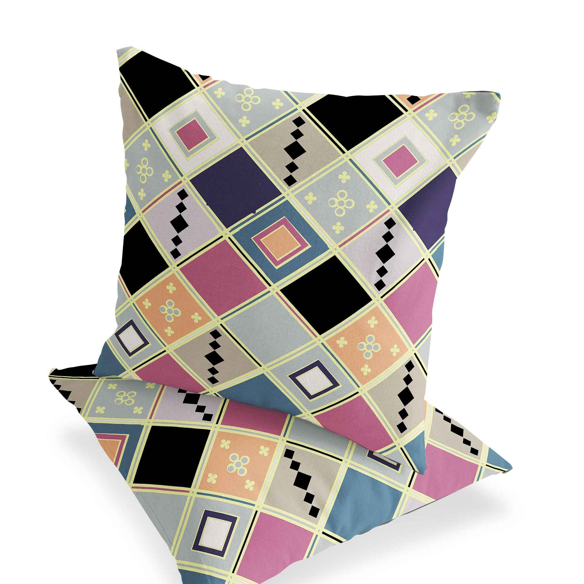 Set of Two 16" X 16" Pink and Black Blown Seam Diamond Indoor Outdoor Throw Pillow