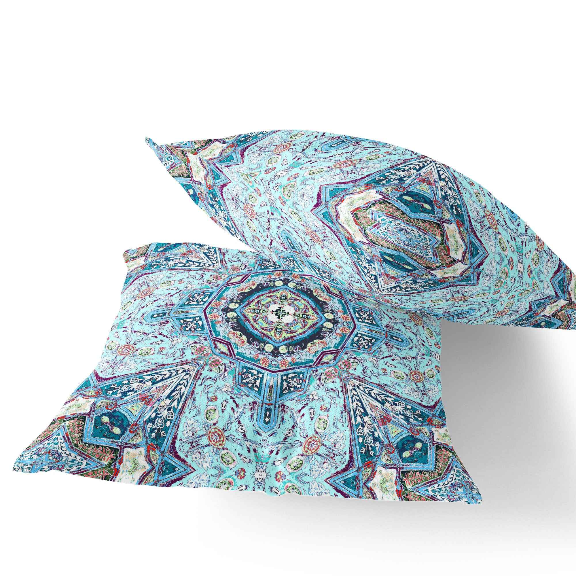 Set of Two 16" X 16" Blue and Pink Blown Seam Floral Indoor Outdoor Throw Pillow