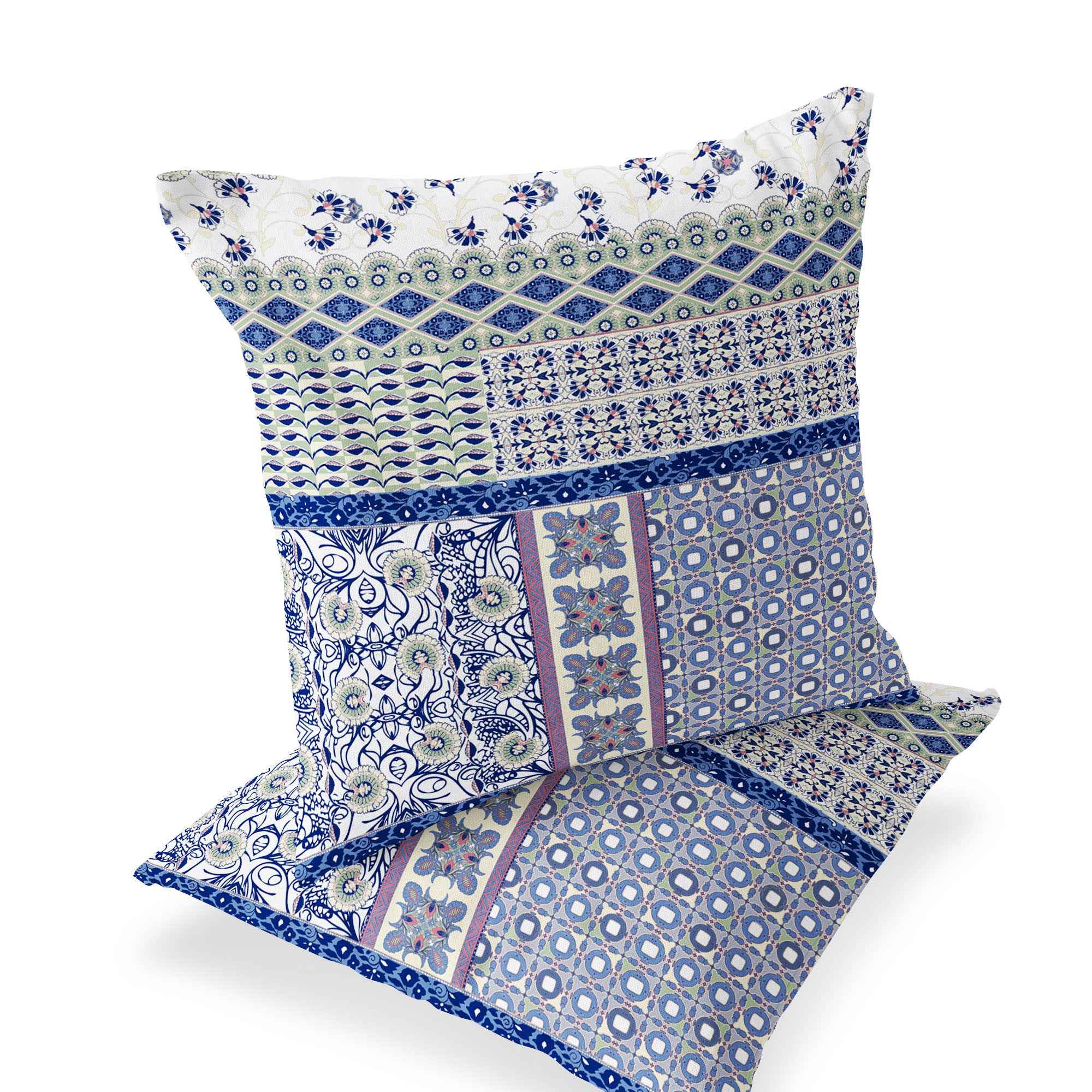 Set of Two 16" X 16" Pink and White Blown Seam Floral Indoor Outdoor Throw Pillow