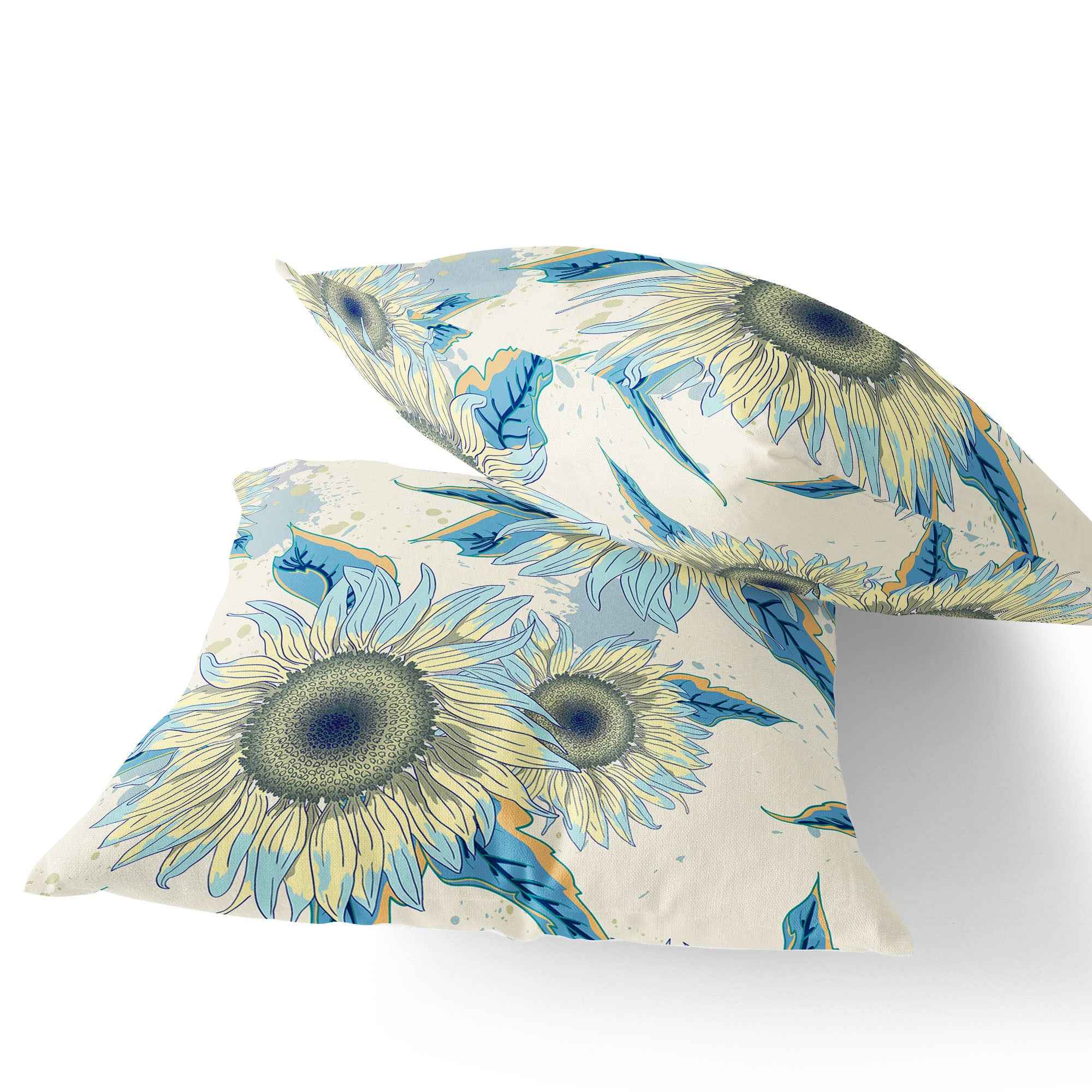 Set of Two 16" X 16" Green and Yellow Blown Seam Floral Indoor Outdoor Throw Pillow