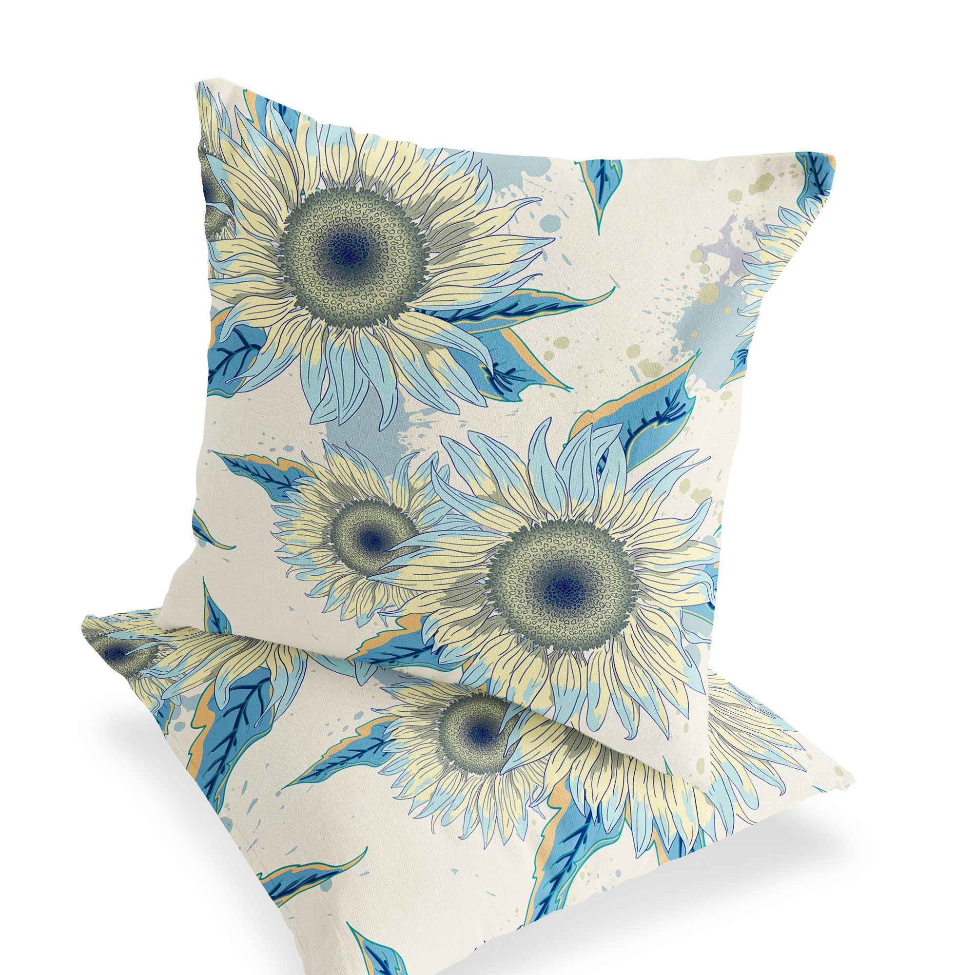 Set of Two 16" X 16" Green and Yellow Blown Seam Floral Indoor Outdoor Throw Pillow