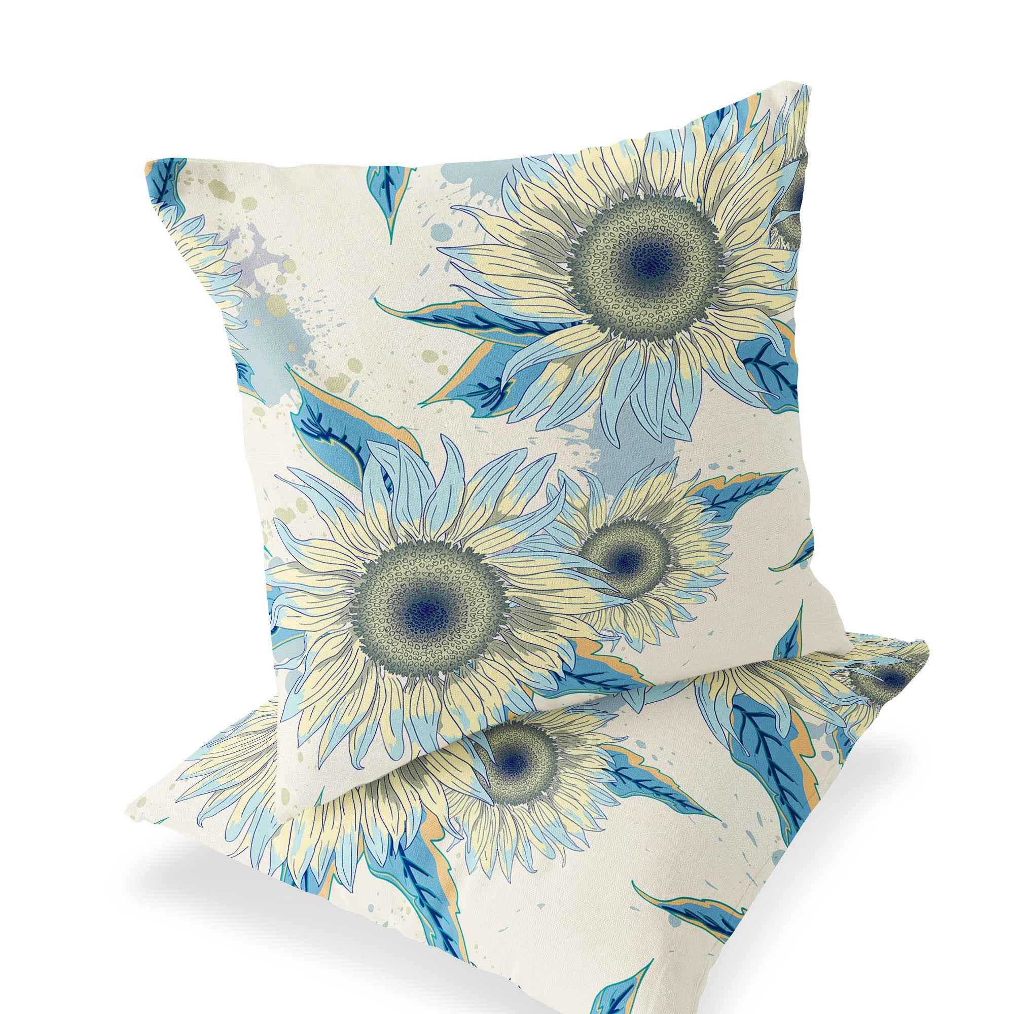 Set of Two 16" X 16" Green and Yellow Blown Seam Floral Indoor Outdoor Throw Pillow