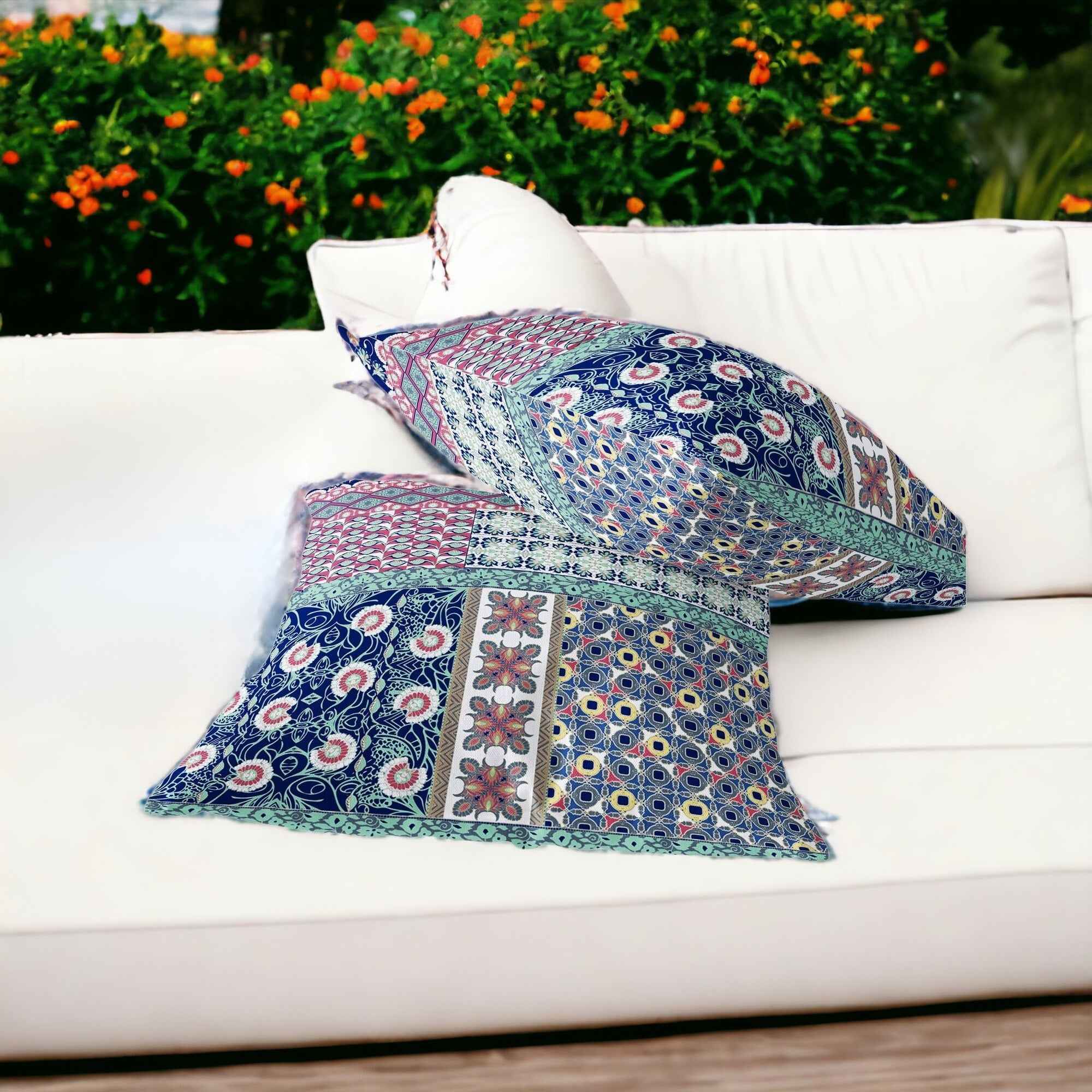 Set of Two 16" X 16" Blue and Pink Blown Seam Floral Indoor Outdoor Throw Pillow