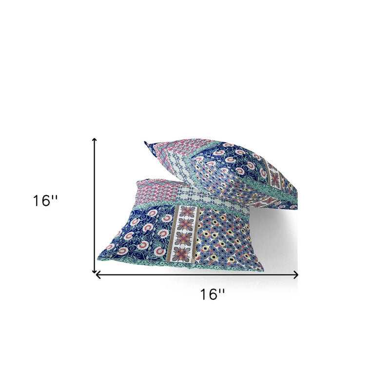 Set of Two 16" X 16" Blue and Pink Blown Seam Floral Indoor Outdoor Throw Pillow