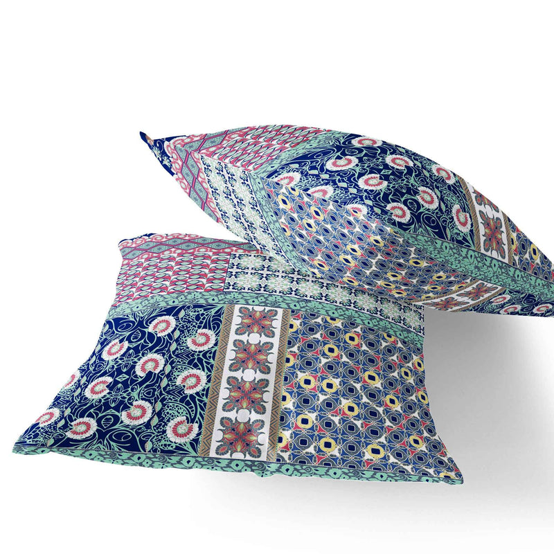 Set of Two 16" X 16" Blue and Pink Blown Seam Floral Indoor Outdoor Throw Pillow