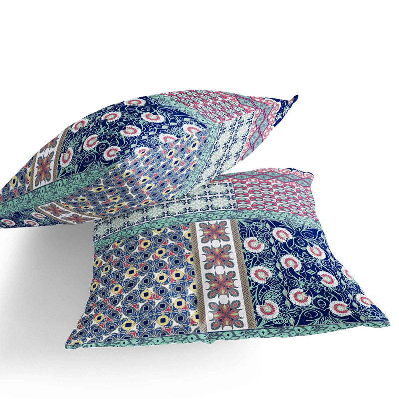 Set of Two 16" X 16" Blue and Pink Blown Seam Floral Indoor Outdoor Throw Pillow