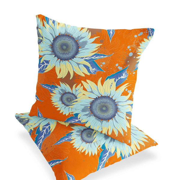 Set of Two 16" X 16" Blue and Yellow Blown Seam Floral Indoor Outdoor Throw Pillow